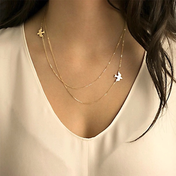 Twin Birds Layered Two Strand Gold Necklace - Picture 5 of 8